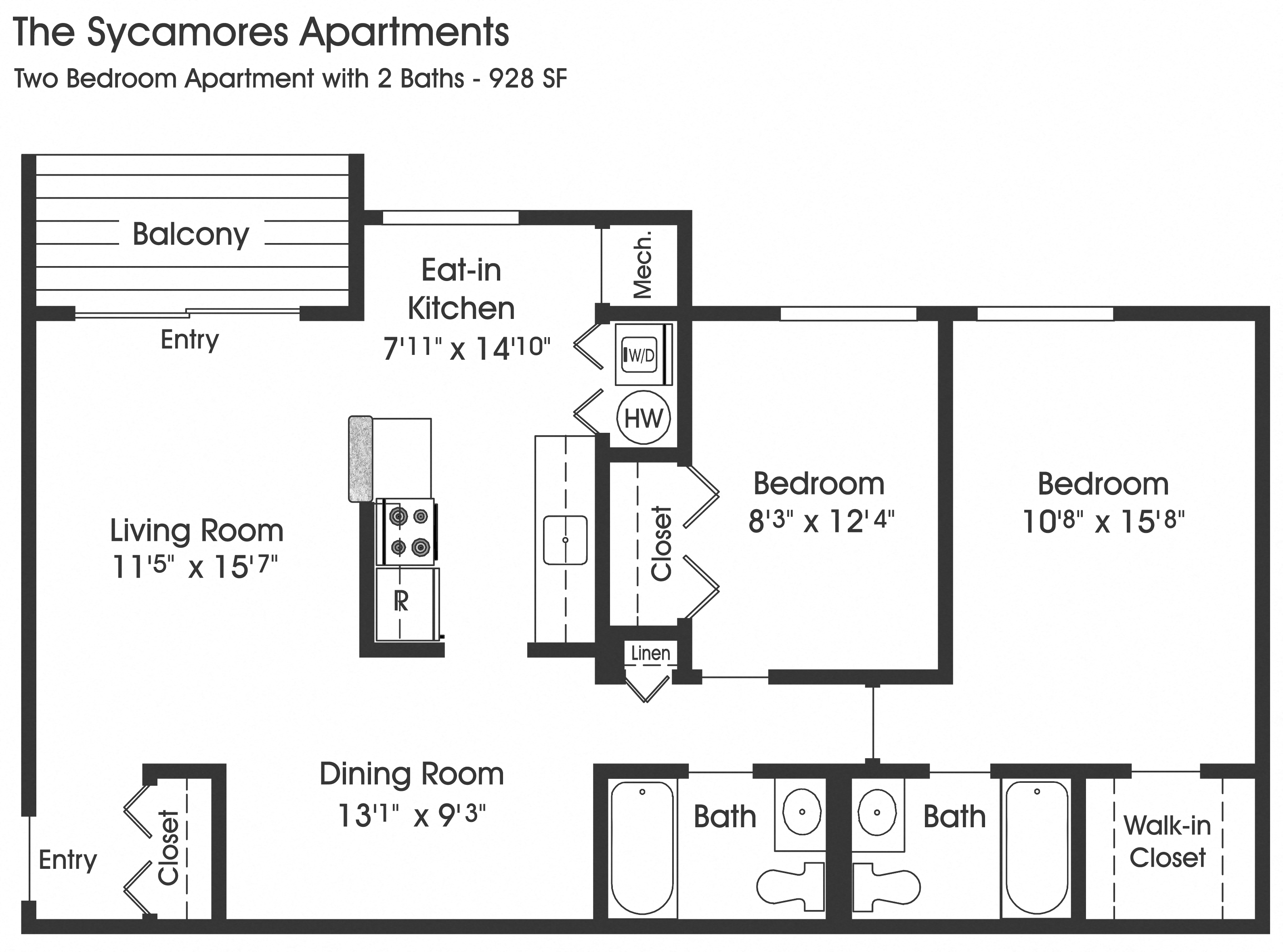 Floor plan for 2 beds, 2 baths, 928 sqft
